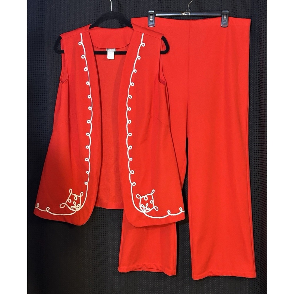 Vintage Romans 1970s Red & White Two Piece Vest Wideleg Pantsuit Soutache Trim
